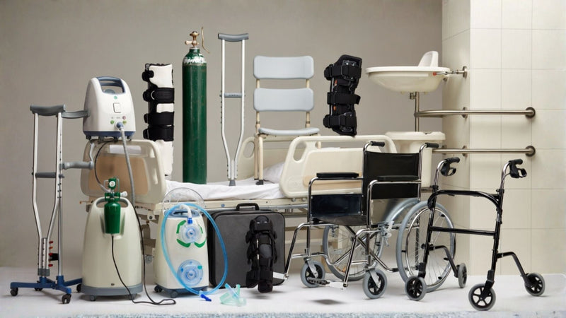 Durable medical equipment including respiratory accessories, orthopedic supports, and daily living medical aids used in home healthcare.