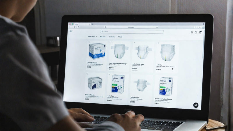 Person browsing adult diapers, pull-ups, and incontinence supplies on an e-commerce website for convenient online shopping.
