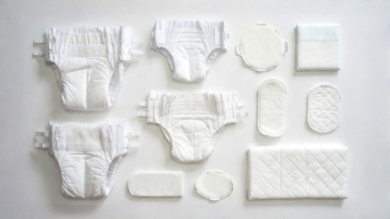 Various incontinence products including adult diapers, pull-ups, pads, and underpads displayed for comparison in an online store.
